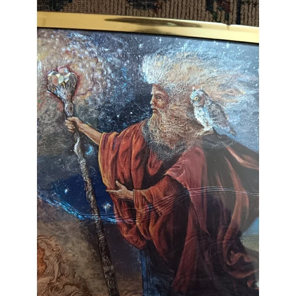 Vintage 90's Foil Art Print Wizard Fantasy MERLIN Framed Art
